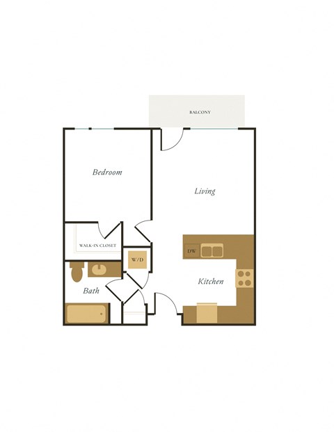 Floor plan for 1 bed, 1 bath, 607 sqft